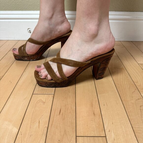 Stunning! Ananias Handmade Carved Wood & Suede Strappy Heels Size 7.5/8 Sandals - Picture 5 of 10
